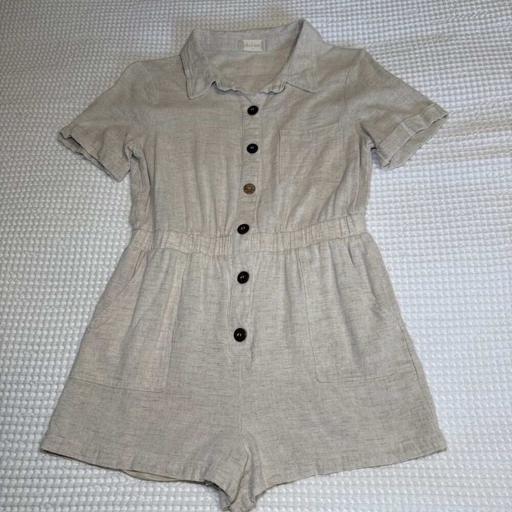 Altar’d State Oatmeal Linen Cotton Blend S Romper Pockets Beach Coastal Chic EUC